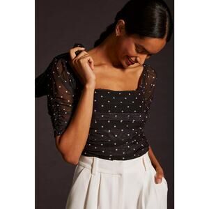 Anthropologie Shirred Mesh Polka Dot Top - New - Size XL